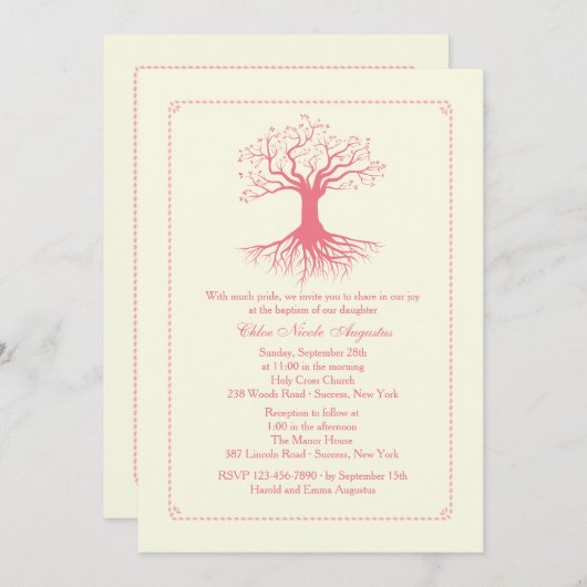 Diep gewortelde roze doopuitnodiging kaart (Voorkant / Achterkant)