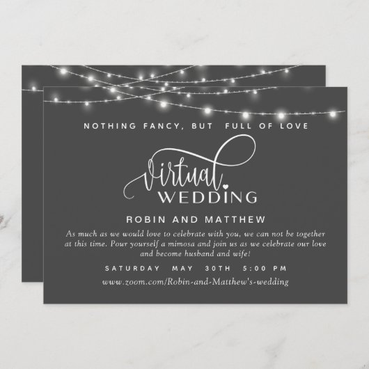Diep grijs, String Lichten, online virtueel huweli Kaart (Voorkant / Achterkant)