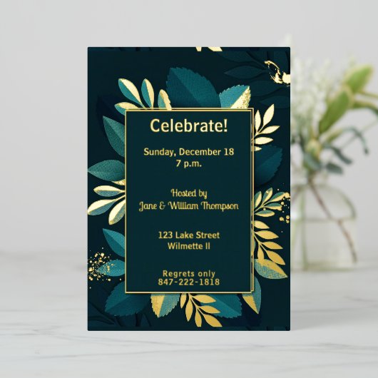 Diep groen bladgoud folie uitnodiging (Staand Voorkant)