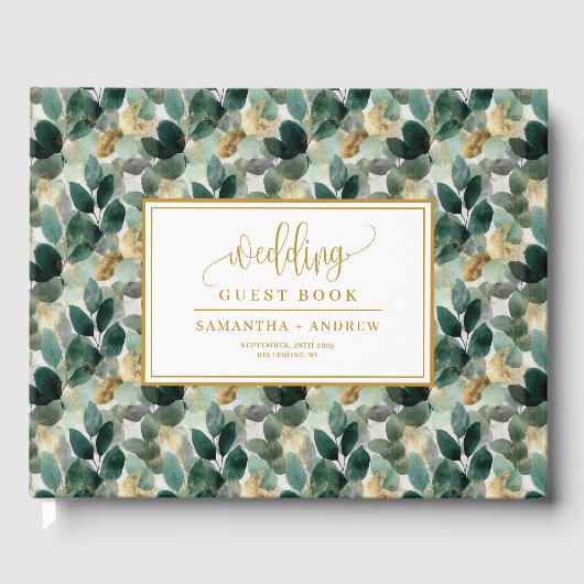 Diep groen goud bruiloft gastenboek met botanicals (Voorkant)