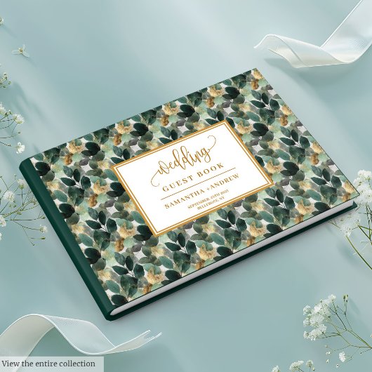 Diep groen goud bruiloft gastenboek met botanicals