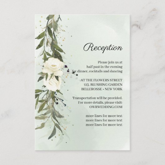 Diep groen krans witte rozen bruiloft receptie informatiekaartje (Voorkant)