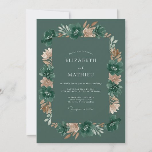 Diep groene bloemrijke romantische bruiloft kaart (Voorkant)