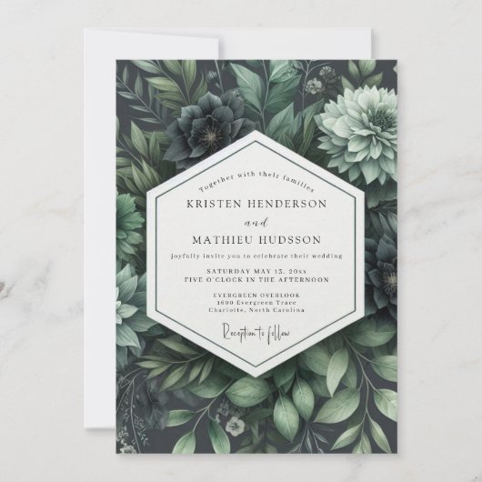 Diep groene botanische bruiloftsbloei kaart (Voorkant)