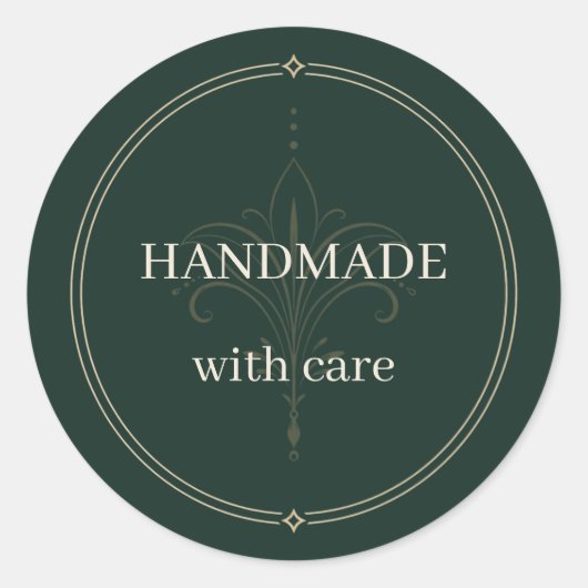 Diep groene handgemaakte sticker met zorg (Voorkant)