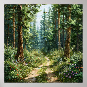 Diep groene pijnboomwoud nevelig landschap natuur poster