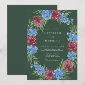 Diep groene romantische bloemenbruiloft kaart (Voorkant / Achterkant)