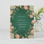 Diep groene vintage bloemige bruiloft kaart (Staand voorkant)