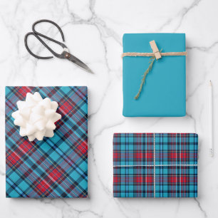 Diep Indigo, Aqua, Rood & Tinten van Blauw Karo Inpakpapier Vel