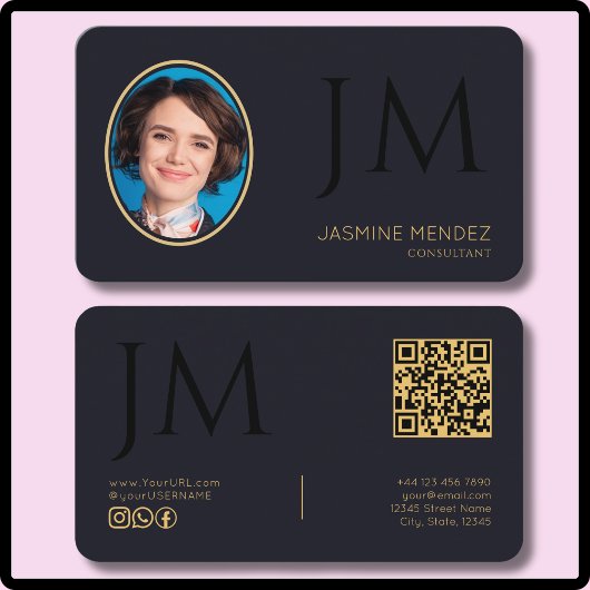 Diep Indigo Zwart Goud Foto Monogram QR Code Visitekaartje