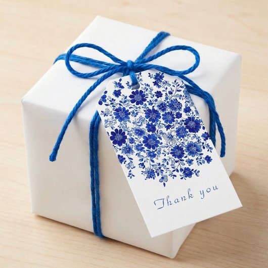 Diep indigoblauwe aquarel Bloemige Dank je wel Cadeaulabel