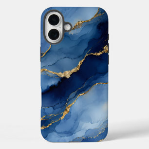 Diep marineblauw en gouden alcoholinkt agaat textu iPhone 16 plus hoesje