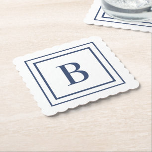 Diep marineblauw en wit vierkant rand monogram kartonnen onderzetters