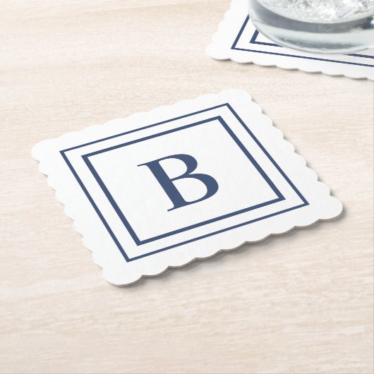 Diep marineblauw en wit vierkant rand monogram kartonnen onderzetters (Gebogen)