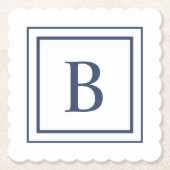 Diep marineblauw en wit vierkant rand monogram kartonnen onderzetters (Voorkant)