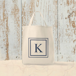 Diep marineblauw en wit vierkant rand monogram tote bag