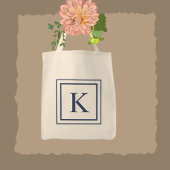 Diep marineblauw en wit vierkant rand monogram tote bag