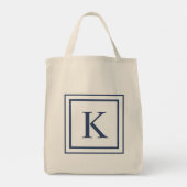 Diep marineblauw en wit vierkant rand monogram tote bag (Achterkant)