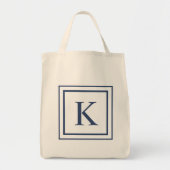 Diep marineblauw en wit vierkant rand monogram tote bag (Voorkant)
