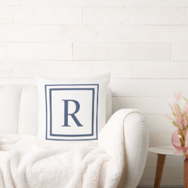 Diep marineblauw en witte vierkante rand monogram kussen