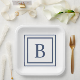 Diep marineblauw en witte vierkante rand monogram papieren bordje