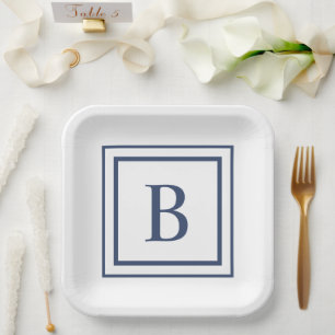 Diep marineblauw en witte vierkante rand monogram papieren bordje