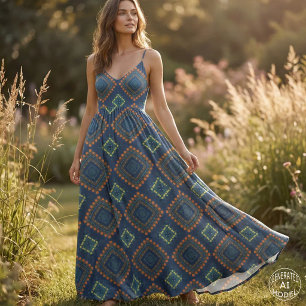 Diep marineblauw roest oranje geometrisch tribale stof