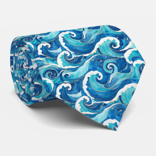 Diep Oceaan Saffierblauw Aquarel Golven Patroon Stropdas
