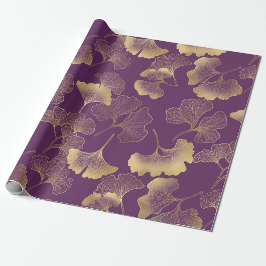 Diep Paarse Gouden Ginkgo Botanisch Cadeaupapier (Uitgerold)