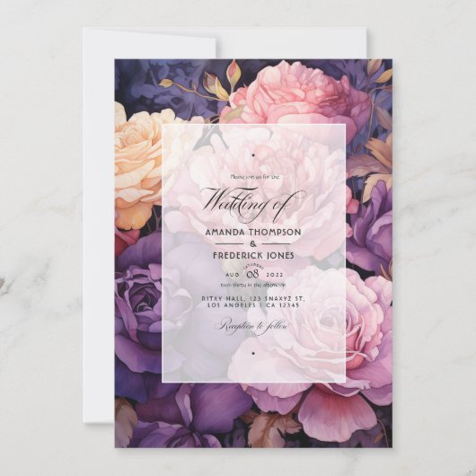 Diep Paarse, Lavendel en Roos Gouden Bloemen Bruil Kaart (Voorkant)