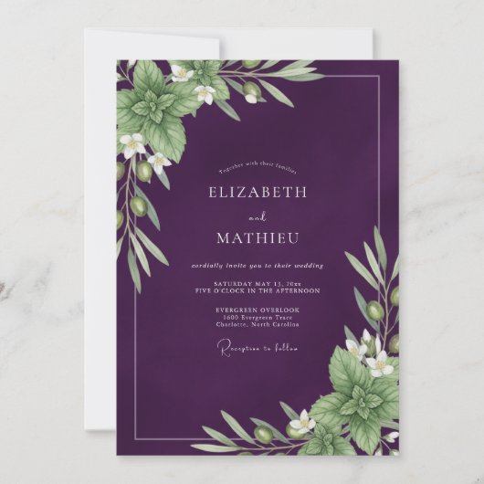 Diep Paarse Olijf Eucalyptus Bruiloft Kaart (Voorkant)