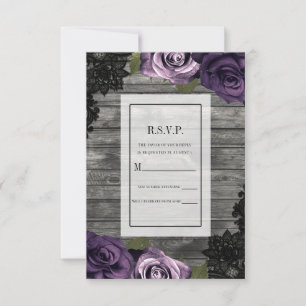 Diep Paarse Rozen Rustiek Hout Zwarte Kant RSVP Kaart