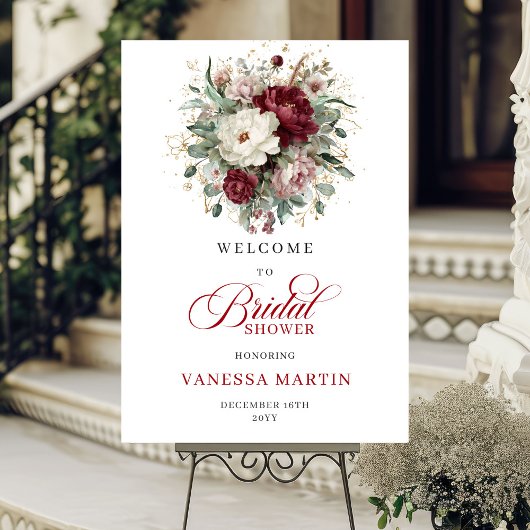 Diep Rode Bloemen Eucalyptus Goud Bruids Welkom Poster