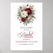 Diep Rode Bloemen Eucalyptus Goud Bruids Welkom Poster (Voorkant)