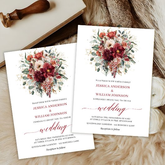 Diep Rode Boho Bloemige Herfst Eucalyptus Bruiloft Kaart