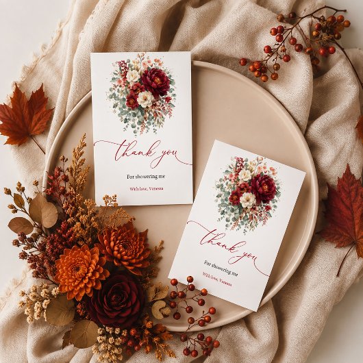 Diep rode boho herfst bloemige bedankkaart groenbl