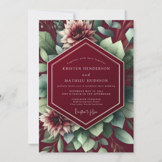 Diep Rode Botanische Romantische Bruiloft Kaart (Voorkant)