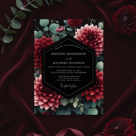 Diep Rode Dahlia Botanische Bruiloft Kaart