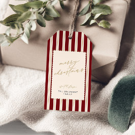 Diep rode gestreepte en gekartelde kerstcadeaukaar cadeaulabel