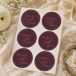 Diep Rode Gouden Elegante Kalligrafie Bruiloft Ronde Sticker