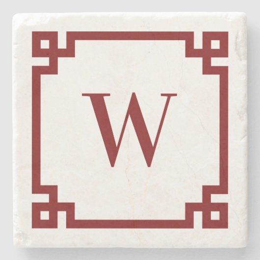 Diep Rode Griekse Sleutelrand Monogram Stenen Onderzetter (Voorkant)