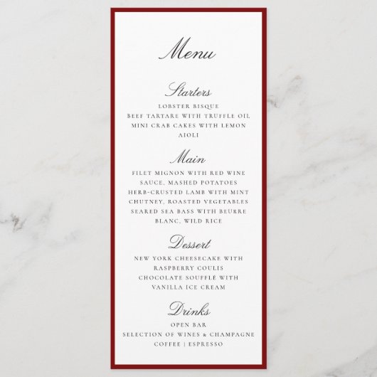Diep Rode Rand Trouw Menu Kaart (Voorkant)