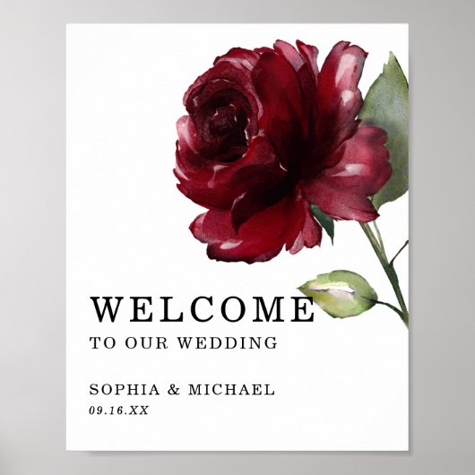 Diep Rode Roos Bloemen Bruiloft Welkom Bord Poster (Voorkant)