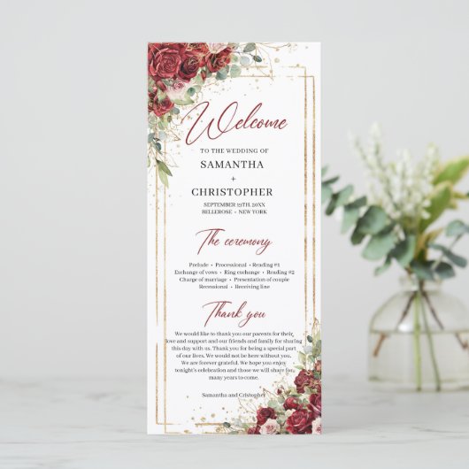 Diep rode rozen blozen bloemen eucalyptus programm programmakaart (Staand voorkant)