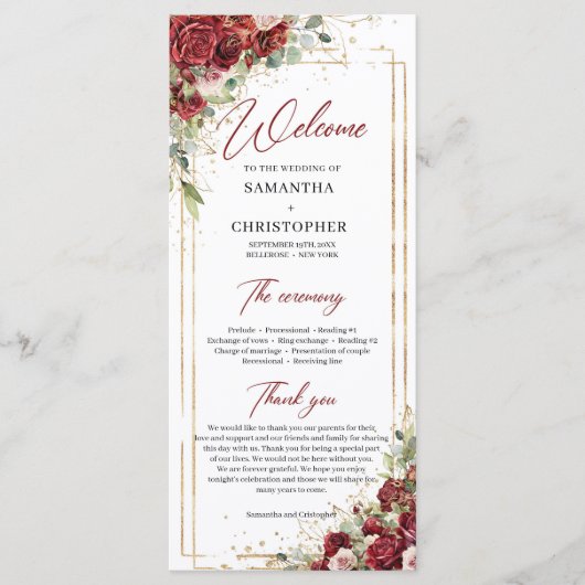 Diep rode rozen blozen bloemen eucalyptus programm programmakaart (Voorkant)