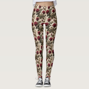 Diep Rode Rozen Met Donkergroene Bladeren Leggings