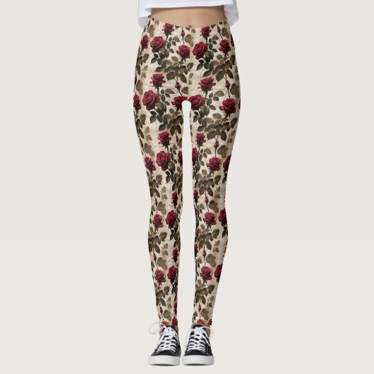 Diep Rode Rozen Met Donkergroene Bladeren Leggings (Voorkant)