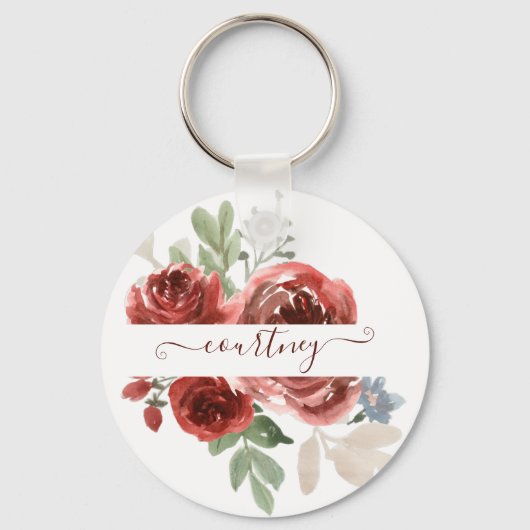 Diep rood aquarel bloemmotief gepersonaliseerd sleutelhanger (Voorkant)