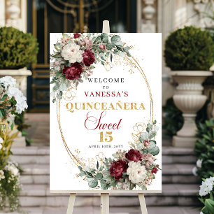 Diep rood Bourgondië bloemig gouden Quinceanera we Poster