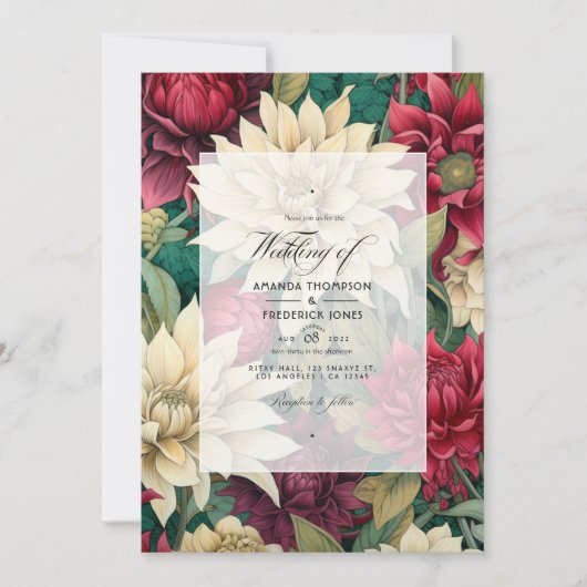 Diep rood, crème en bos groen bloemenbruiloft kaart (Voorkant)